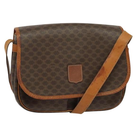 CELINE Macadam Canvas Shoulder Bag PVC Leather Brown Gold Auth bs28301 - Picture 1 of 16